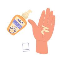 jar of sunscreen in your hand. Lotion is squeezed into the palm of your hand, the lid is open. Cosmetics. Face and body care products. Icon of the Spf jar. object in a flat style. Isolated vector