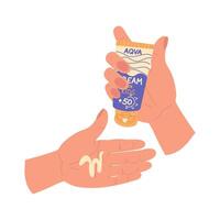jar of sunscreen in your hand. Cream kids is squeezed into the palm of your hand, open. Cosmetics. Face and body care products. Icon of the Spf 40 jar. object in a flat style. Isolated vector