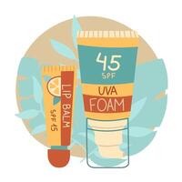 sunscreen lip balm and foam. Jars in a closed tube. Cosmetics. Face and lip care products. The icon of the jar with Spf aqua cream. A object in a flat style. Tropical leaves. An isolated object vector