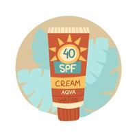 A jar of sunscreen. The cream is in a closed tube. Cosmetics. Face and body care products. The icon of the Spf cream jar aqua. A object in a flat style. Tropical leaves. An isolated object vector