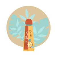 lip balm of sunscreen. balm is in a closed tube. Cosmetics. Face and lips care products. The icon of the Spf cream jar aqua. object in a flat style. Tropical leaves. An isolated object. Spf 15 vector