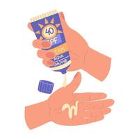 jar of sunscreen in your hand. Cream is squeezed into the palm of your hand, the lid is open. Cosmetics. Face and body care products. Icon of the Spf 40 jar. object in a flat style. Isolated vector