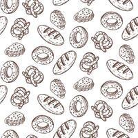 Pattern of doodle illustrations depicting baking, brown. Image is made manually using lines of different thicknesses. Contour illustration for baking in cafes, bakeries on white. Variety of pastries vector