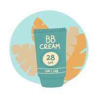 jar of sunscreen. BB cream is in a closed tube with a dispenser. Cosmetics. Face and body care products. The icon of the Spf 28 BB jar. object in a flat style. Tropical leaves. Isolated object vector