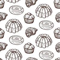 A pattern of doodle illustrations depicting baking, brown outline. The image is made manually using lines of different thicknesses. Contour illustration for baking in cafes, bakeries on white vector