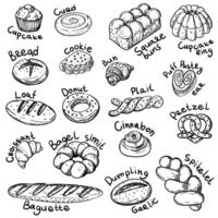 A set of illustrations with a picture of baking, a black outline and a sweet name. The image is made manually using lines of different thicknesses. Contour illustration for baking in cafes, bakeries vector