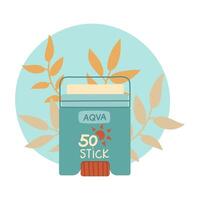 jar of sunscreen. Stick is in a closed tube with a dispenser. Cosmetics. Face and body care products. The icon of the Spf 50 stick jar. object in a flat style. Tropical leaves. Isolated object vector