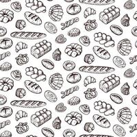 Pattern of doodle illustrations depicting baking, light brown. image is made manually using lines of different thicknesses. Contour for baking in cafes, bakeries on white. Variety of bread and baking vector