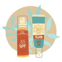 sunscreen fluid and oil . Jars in a closed tube. Cosmetics. Face and oil care products. The icon of the jar with Spf aqua cream. A object in a flat style. Tropical leaves. An isolated object vector