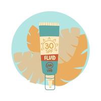jar of sunscreen. fluid is in a closed tube with a dispenser. Cosmetics. Face and body care products. The icon of the Spf 30 jar. object in a flat style. Tropical leaves. Isolated object vector