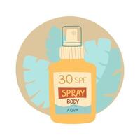 jar of sunscreen. The spray is in a closed the bottle. Cosmetics. Face and body care products. The icon of the Spf spray jar aqua. A object in a flat style. Tropical leaves. An isolated object vector