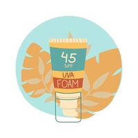 jar of sunscreen. The foam is in a closed tube with a dispenser. Cosmetics. Face and body care products. The icon of the Spf 45 gel jar. object in a flat style. Tropical leaves. Isolated object vector