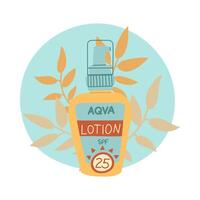 jar of sunscreen. lotion is in a closed tube with a dispenser. Cosmetics. Face and body care products. Icon of the Spf 25 lotion jar. object in a flat style. Tropical leaves. Isolated object vector
