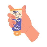 jar of sunscreen in your hand. Cream kids is squeezed out, the lid is open. Cosmetics. Face and body care products. The icon of the Spf aqua cream jar. A object in a flat style. Isolated object vector