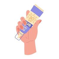 A jar of sunscreen in your hand. The fluid is in a closed tube with a dispenser. Cosmetics. Face and body care products. The icon of the Spf 30 fluid jar. A object in a flat style. Isolated object vector