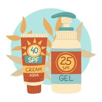 sunscreen cream and gel. Jars in a closed tube against of tropical leaves. Cosmetics. Face and body care products. The icon of the jar with Spf . A object in a flat style. An isolated object vector