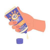 jar of sunscreen in your hand. Cream is squeezed out, the lid is open. Cosmetics. Face and body care products. The icon of the Spf 40 cream jar. A object in a flat style. Isolated object vector