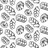 Pattern of doodle illustrations depicting baking, light brown. image is made manually using lines of different thicknesses. Contour for baking in cafes, bakeries on white. Variety bakery products vector
