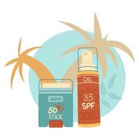 sunscreen stick and oil . Jars in a closed tube. Cosmetics. Face and oil care products. The icon of the jar with Spf aqua cream. A object in a flat style. Tropical leaves. An isolated object vector
