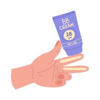 An illustration of the instructions on how to apply sunscreen the face. Apply an even layer of SPF protection cream to the palm of your hand with two fingers. BB hand cream. UV protection of the skin vector