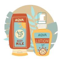 Jar of sunscreen lotion and milk. in a closed tube with a dispenser with tropical leaves. Cosmetics. Face and body care products. Icon of the Spf jar. A object in a flat style. Isolated object vector
