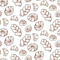 Pattern of doodle illustrations depicting baking, light brown. The image is made manually using lines of different thicknesses. Contour for baking in cafes, bakeries on white. Variety of pastries vector