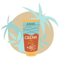 jar of sunscreen. The cream is in a closed tube. Cosmetics. Face and body care products. The icon of the Spf cream jar aqua. object in a flat style. Tropical leaves. An isolated object. Spf 50 vector
