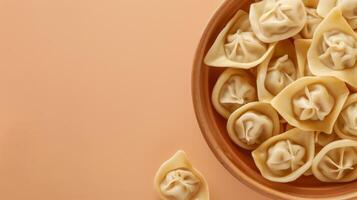 Traditional oriental meal dumplings on rattan basket steam copy space photo