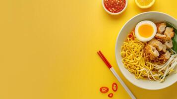 Indonesia chicken noodle with chilies and vegetable copy space background photo