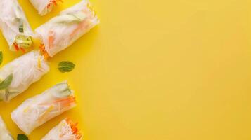Flat lay spring roll with vegetable and seafood copy space isolated yellow background photo