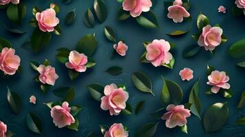 Seamless camellia flower pattern spring wallpaper fabric print dark background photo