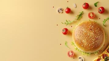 Flat lay burger beef meat bun bread with tomato and lettuce sandwich fast food copy space isolated photo