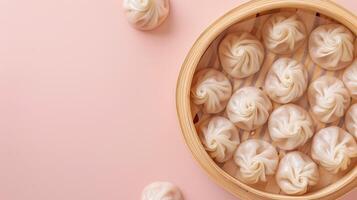 Traditional oriental meal dumplings on rattan basket steam copy space photo