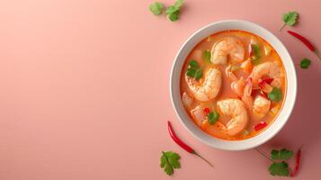 Asian meal tom yum with shrimp spicy soup with chili and coconut milk copy space photo