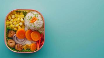 Lunch box rice with carrot, corn, sausage slice for school or work copy space photo