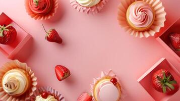 Sweet strawberry cupcake for party or snack tea time isolated pink photo