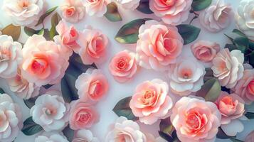 Seamless camellia flower pattern spring wallpaper fabric print background photo