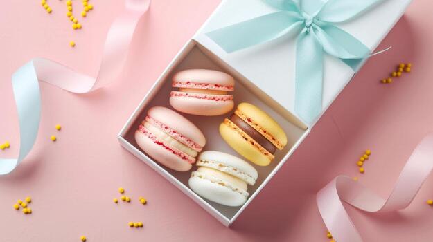 Mini macaroon on paper box gift package copy space isolated pink background photo