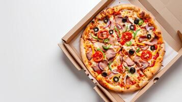 Pizza with beef sausage slice on brown paper box take away copy space photo