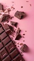 Chocolate bar block brown sweet snack isolated pink background photo