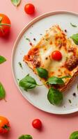 Italian lasagna with beef, tomato, cheese and basil simple cooking for family photo