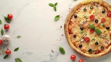 Tuna pizza with basil, tomato, mozzarella, olive copy space background photo