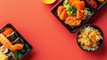 Oriental dish sushi with salmon, tuna and vegetable copy space isolated background photo