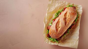 Flat lay meal lunch box sandwich roasted with garlic sausage simple food photo