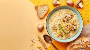 Corn mushroom porridge for breakfast restaurant or home copy space isolated photo