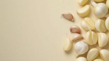 Flat lay white garlic seasoning vegetable for cooking copy space photo