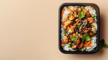 Box lunch rice, oyster sauce, mushroom and sesame copy space flatlay photo
