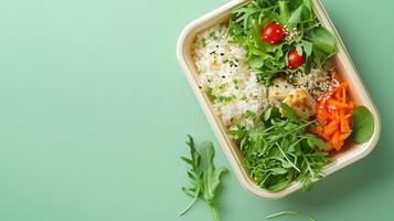 Vegan salad sesame vegetable organic healthy food on meal lunch box copy space photo