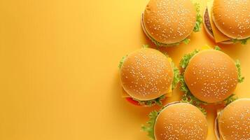 Flat lay burger beef meat bun bread with tomato and lettuce sandwich fast food copy space isolated photo