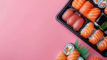 Oriental dish sushi with salmon, tuna and vegetable copy space isolated background photo